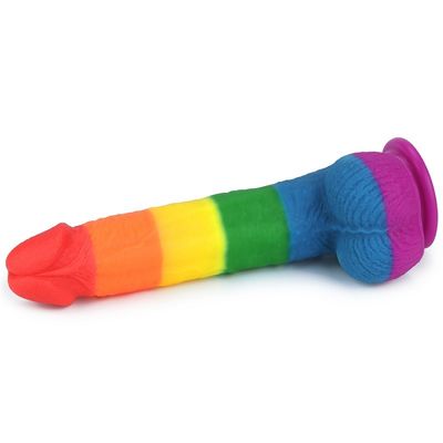 Liquid Silicone 22.5cm Rainbow Dildo Sex Toy Faked Penis With Suction Cup