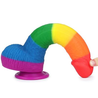 Liquid Silicone 22.5cm Rainbow Dildo Sex Toy Faked Penis With Suction Cup